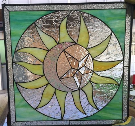Mystical Sun Moon Stained Glass Window Panel Iridescent Etsy