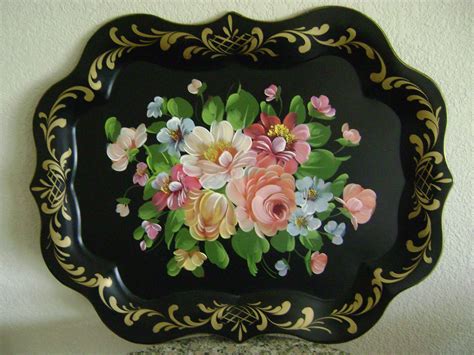 Stunning Antique Vintage Hand Painted Floral Toleware Folk Art Serving