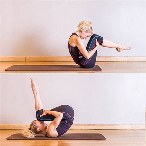 The Woman Is Doing Yoga Exercises On Her Stomach And Back While Sitting