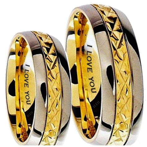 His and Hers Matching Gold Tone I love you Wedding Couple Rings Set