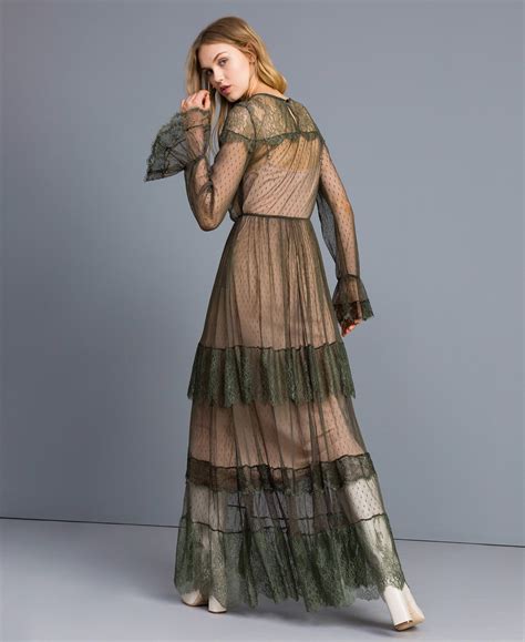 Robe Longue En Tulle Plumetis Et Dentelle Femme Vert TWINSET Milano