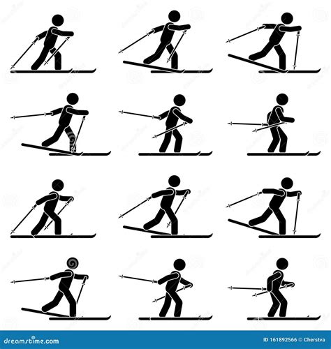 Stick Figure Man Skiing Sequence Poses Icon Vector Pictogram Set