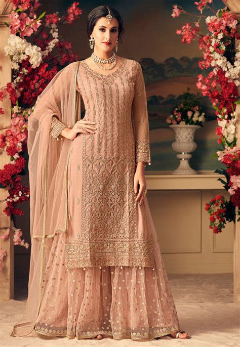 Buy Embroidered Net Pakistani Suit In Peach Online Kch2522 Utsav