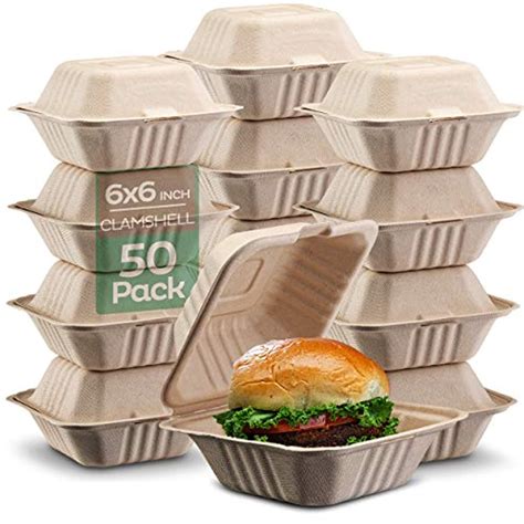 100 Compostable Clamshell Take Out Food Containers 6x6 50 Pack