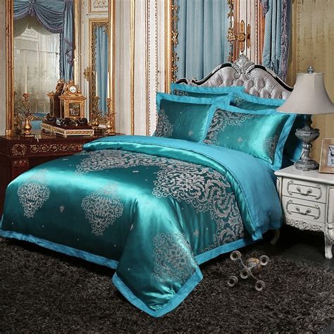 Glam Royal Style Teal And Silver Gothic Pattern Luxury Jacquard Satin