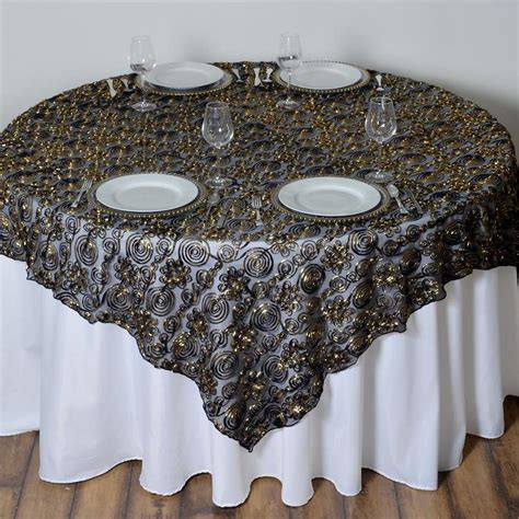Buy 72 X 72 Black Gold Satin Tulle Square Overlay Case Of 15 Overlays At Tablecloth Factory