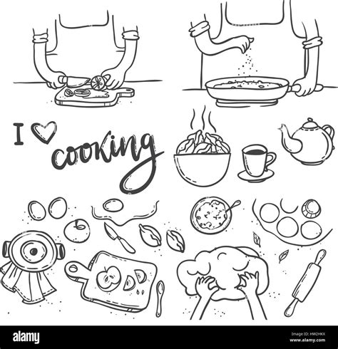 Cooking Lettering I Love Cooking Hand Drawn Doodle Food Cooking Set