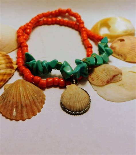 Seashell Stretch Bracelet With Coral And Turquoise Beads Etsy