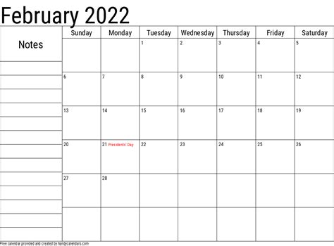 February 2022 Calendar With Notes And Holidays Handy Calendars