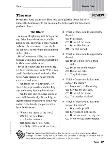 Theme Worksheet For 2nd 3rd Grade Lesson Planet