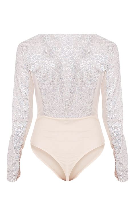Kimberlyn Silver Sequin Plunge Mesh Thong Bodysuit Tops Prettylittlething