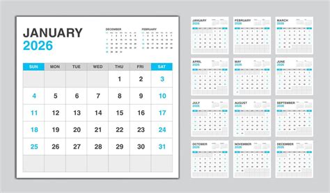 Calendar 2026 Year Blue Design Monthly Calendar Template For 2026 Year