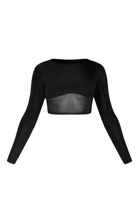 Black Contrast Fabric Long Sleeve Crop Top Prettylittlething