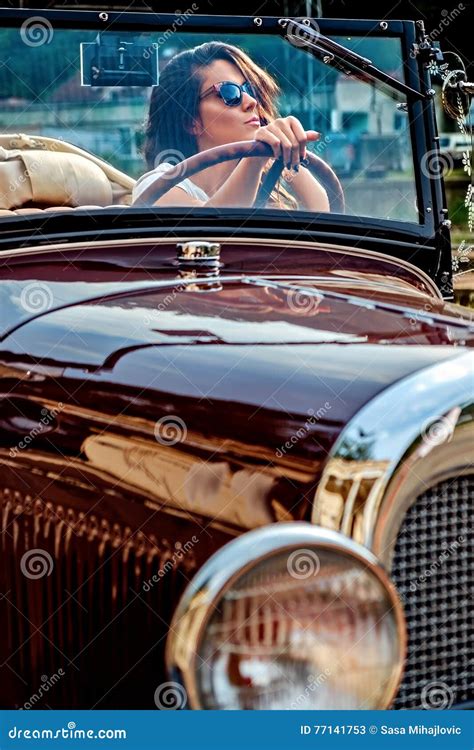Girl Driving Classic Convertible Stock Image Image Of Detail Drive