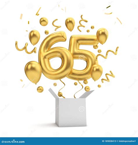 Happy 65th Birthday Gold Surprise Balloon And Box 3d Rendering Stock