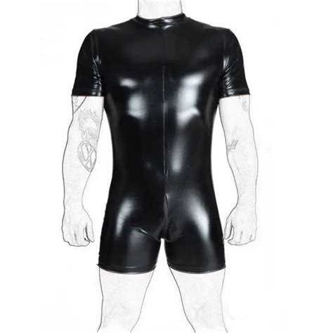 Cfyh Mens Patent Leather Short Sleeves Back Zipper One Piece Leotard Evening Party Bodysuit