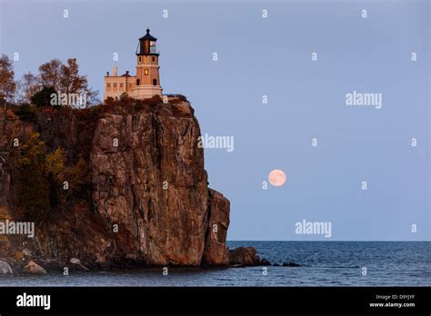 Split Rock Lighthouse And Full Moon Over Lake Superior At Split Rock