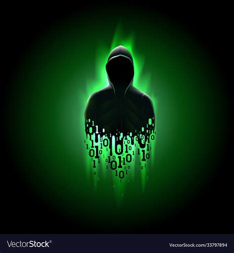 Silhouette A Hacker In A Hood With Binary Code Vector Image
