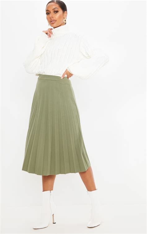 Olive Green Pleated Floaty Midi Skirt Prettylittlething Ca