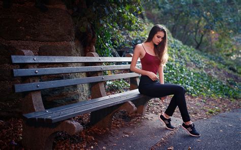 X Girl Sitting On Bench Outdoors K Hd K Wallpapers Images Backgrounds Photos And Pictures