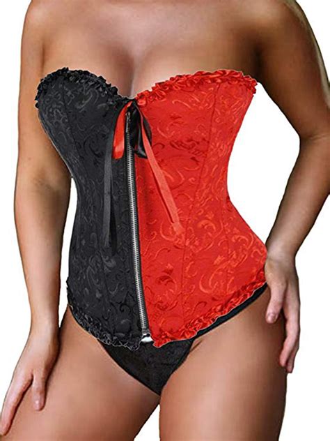 lelinta women zipper boned sexy corset plus size bustier satin overbust lace boned top waist
