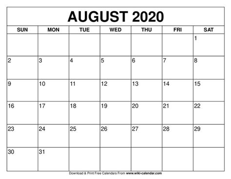 Free Printable August 2020 Calendar Wiki Calendar