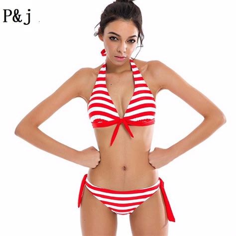 Pandj Sexy Bikini Set Stripe Hanging Neck Swimsuit Hot Style Women S Low Waist Swimwear Lacing