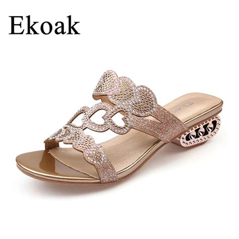Ekoak New 2018 Fashion Summer Shoes Woman Rhinestone Cut Outs Medium