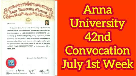 Anna University 42nd Convocation Anna University Degree Certificate