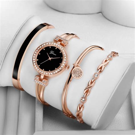 Choosing a perfect gold bracelet for men or a gold bracelet for women is now an easy task. 4 PCS Set Ginave Watch Women Rose Gold Diamond Bracelet ...