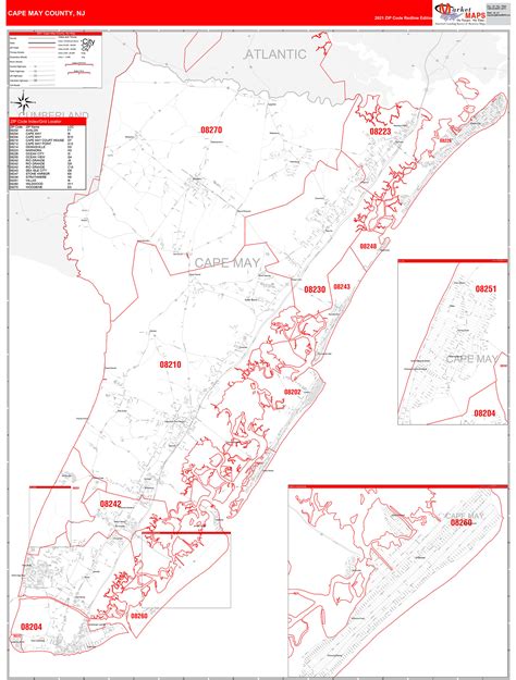 Cape May County Nj Zip Code Wall Map Red Line Style By Marketmaps Mapsales