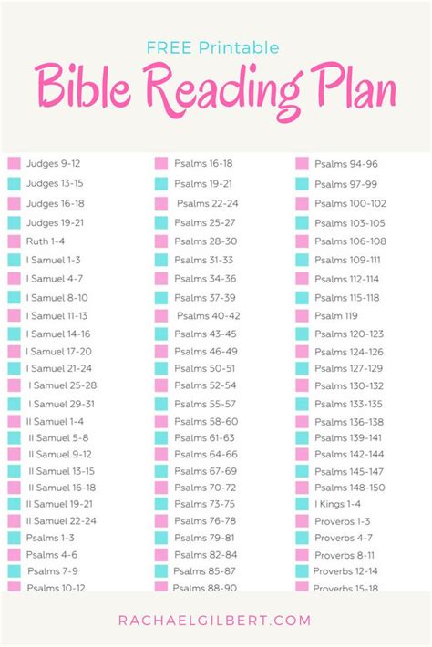 The Free Printable Bible Reading Plan Is Shown In Pink Blue And Green