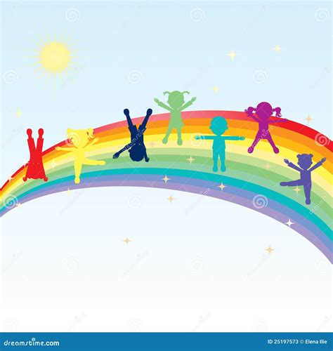 Colorful Happy Kids Standing On A Rainbow Stock Illustration