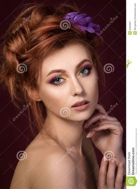 Portrait Of Beautiful Red Haired Woman With Purple Hair Slide Stock