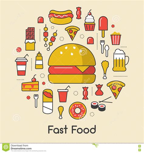 Fast Food Line Art Thin Icons Set With Burger Pizza And Junk Food Stock