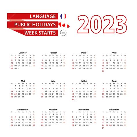 Calendrier 2023 En Langue Française Avec Les Jours Fériés Du Pays Du