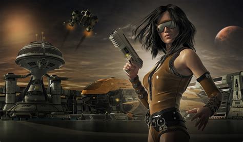 Download Black Hair Weapon Gun Futuristic Sunglasses Woman Warrior Sci