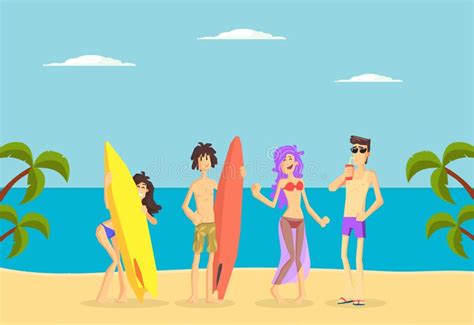 Happy People Standing With Surfboards On Tropical Beach Young Men And