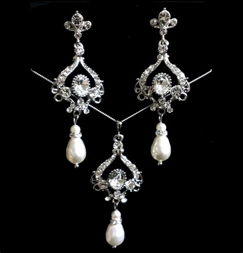 Chandelier Bridal Jewelry Set Pearl Bridal Earrings Clear Crystal