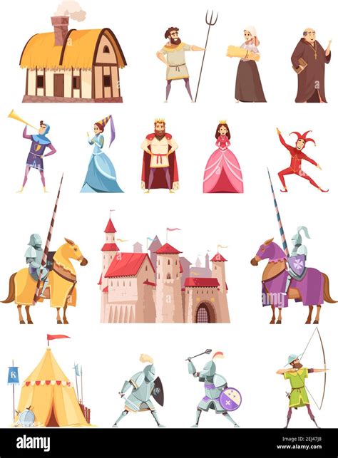 Medieval Characters Historical Buildings Cartoon Icons Set With Castle