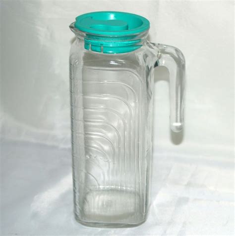 Vintage Covetro Ribbed Glass Pitcher Clear W Aqua Lid Handle Art Deco Italy Vintage Kitchen