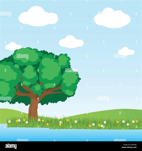 Greenery Tree And Lake Scene In The Field On Blu Sky Background With