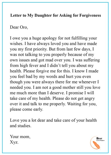 Apology Letter Template To Daughter Format Sample And Example