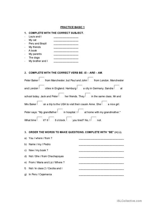 Verb Be Practice Level 1 General Gra English Esl Worksheets Pdf And Doc