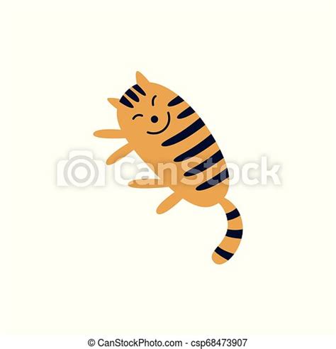 Cute Smiling Tabby Red Cat Lying On Its Side Flat Cartoon Style Vector