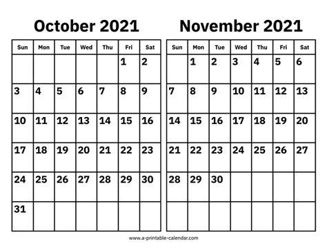October And November 2021 Calendar A Printable Calendar