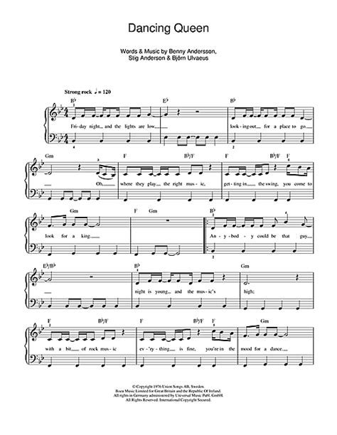 Friday night and the lights are low looking out for the place to go where they play the right music, getting in the swing. Dancing Queen piano sheet music by ABBA - Easy Piano