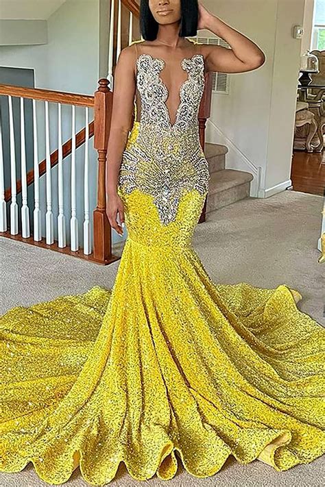 Luluslly Yellow Sequins Prom Dress Mermaid Sleeveless With Crystal
