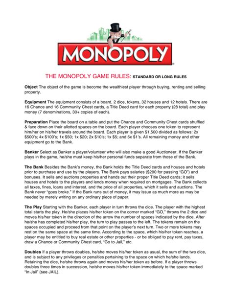 The Monopoly Game Rules Standard Or Long Rules