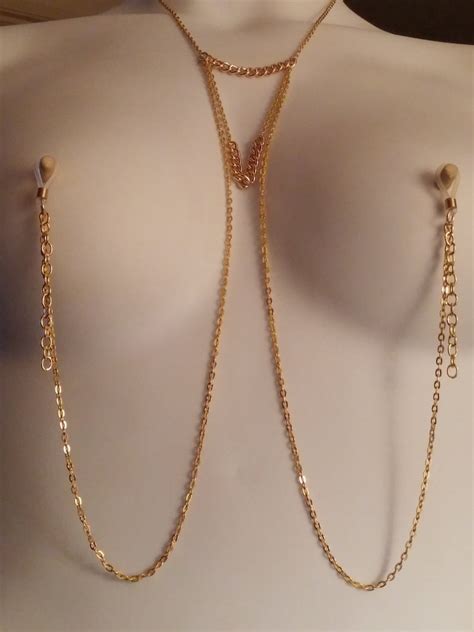 SET Of Gold Tone Nipple Jewelry Necklace And Belly Chain Handmade Non